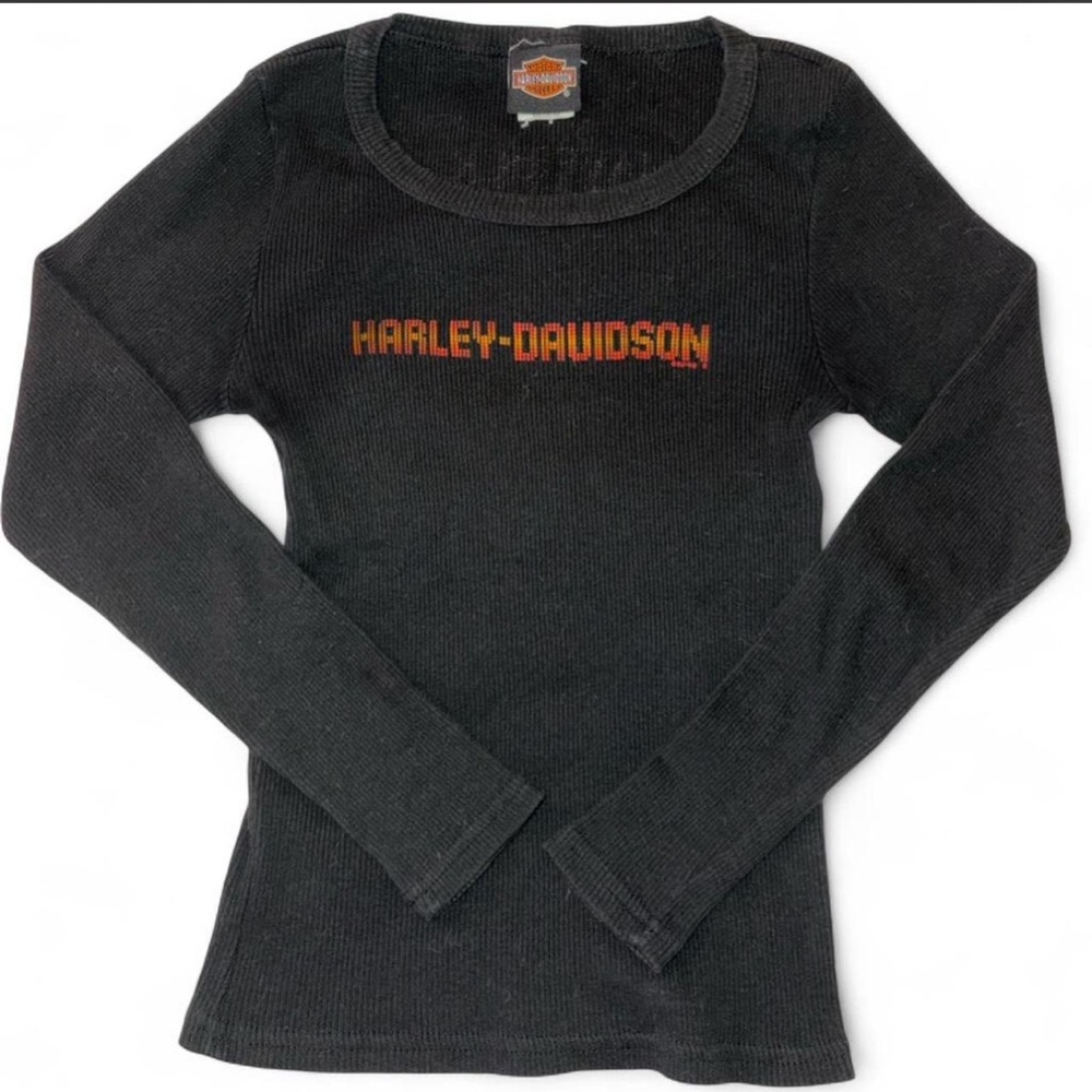 Harley-Davidson Black Long Sleeve Ribbed Top with Orange Logo